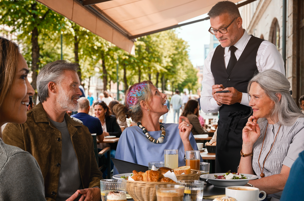 Friends sharing a conversation at an outdoor restaurant, from Oticon's Reveal campaign